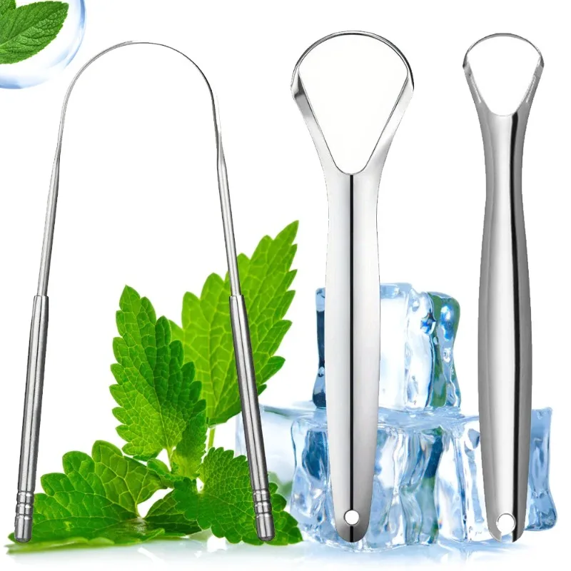 3 قطعة الفولاذ المقاوم للصدأ اللسان مكشطة مجموعة نظيفة الفم اللسان طلاء مزدوج الوجهين المتاحة أدوات تنظيف الفم عدة التنفس الطازج