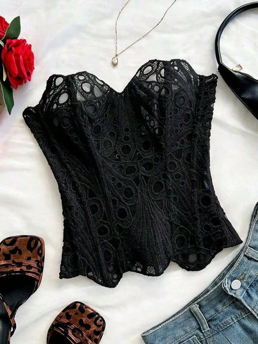 

White Lace Off-Shoulder Double Layer Corset Bustier Top For Women