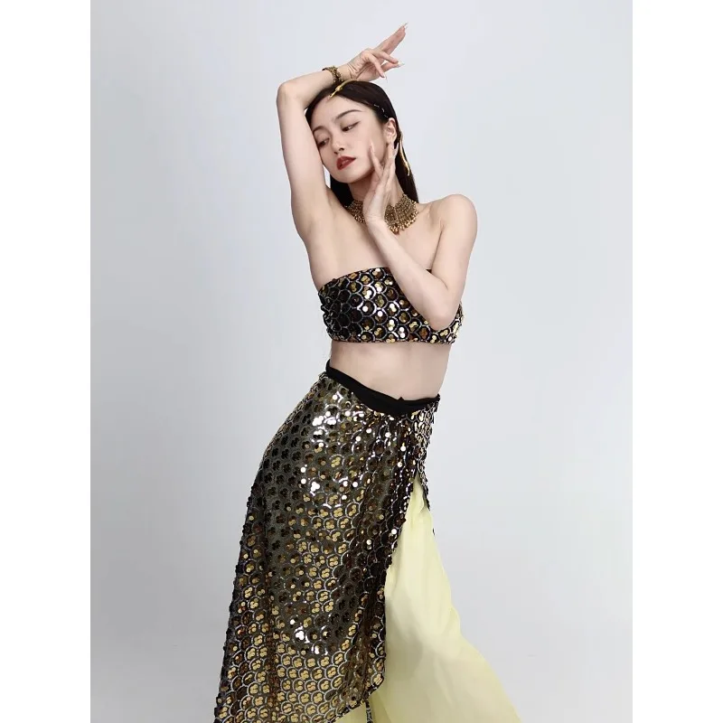 customized belly dance costumes clothes performance suit shiny strapless with chest cushion hip cloth and double layered pants