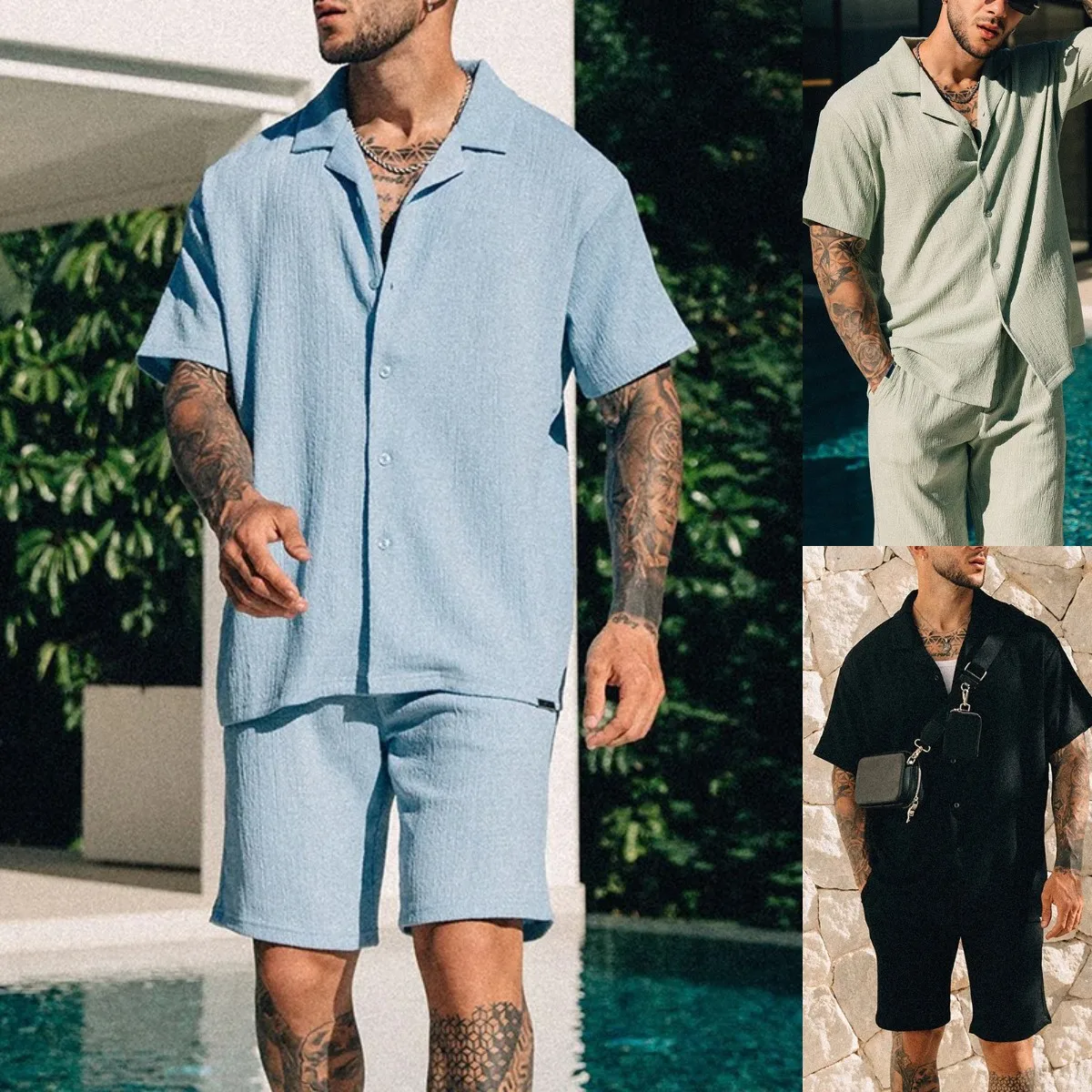 

Vintage Short Sleeve Lapel Shirts Two Piece Men's Summer Beach Style Casual Sets Solid Color Shirt And Shorts Suits Men Clothing