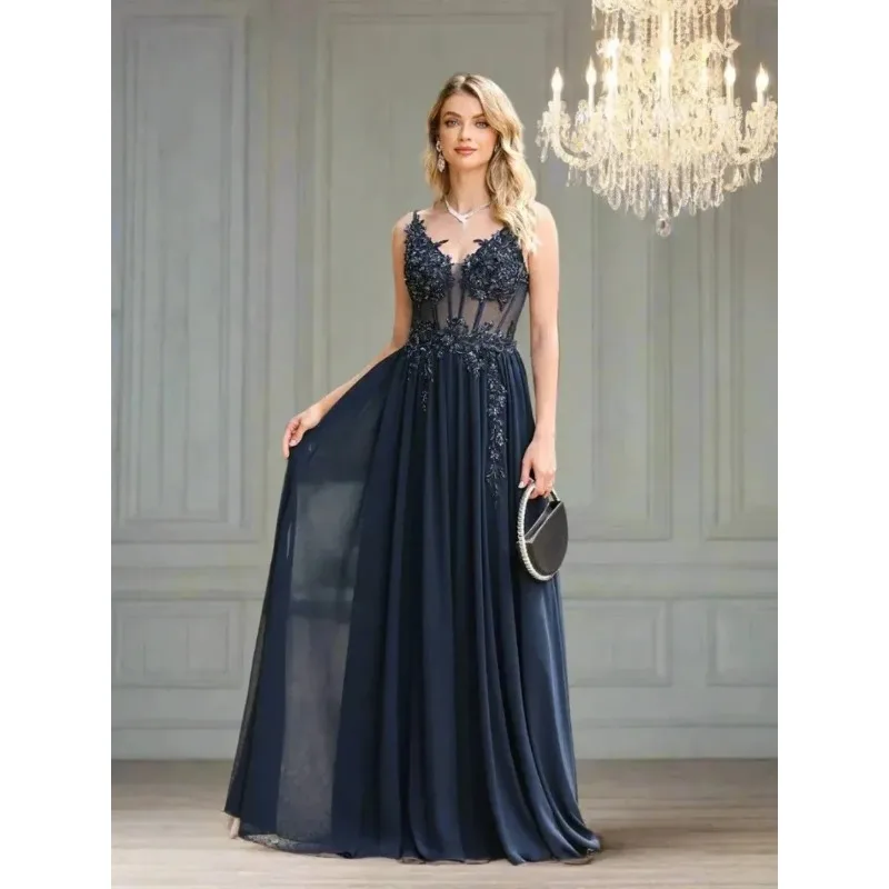 Navy Blue Tulle Women's Dance Dress Sexy V-neck A-line Party Dress Luxury Bead Embroidery Ball Gown Vestdos De Fiesta Customized