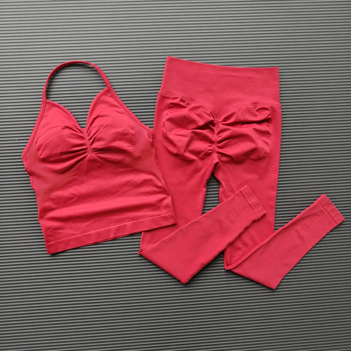 Damen High-Waist 2-Teiliges Yoga-Set Leggings-Set Rückenfreies Sport-Set Tanktop Pilates Fitness Gym-Set Scrunch-Anzug Sportbekleidung – Detail 7