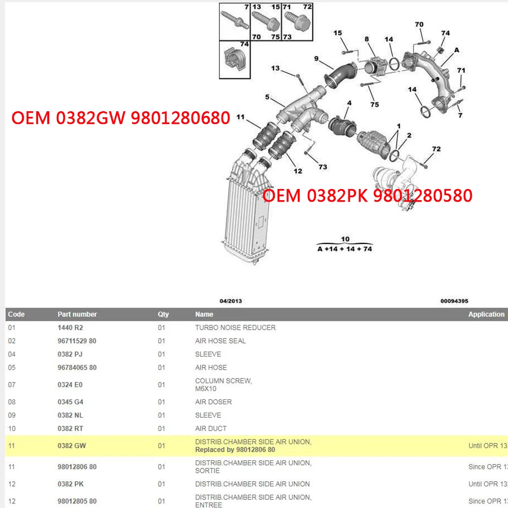 0382GW 0382PK Suitable for Citroen C3 DS3 Peugeot 1007 207 208 301 4008 2008 Air connection at valve chamber sideintake pipe