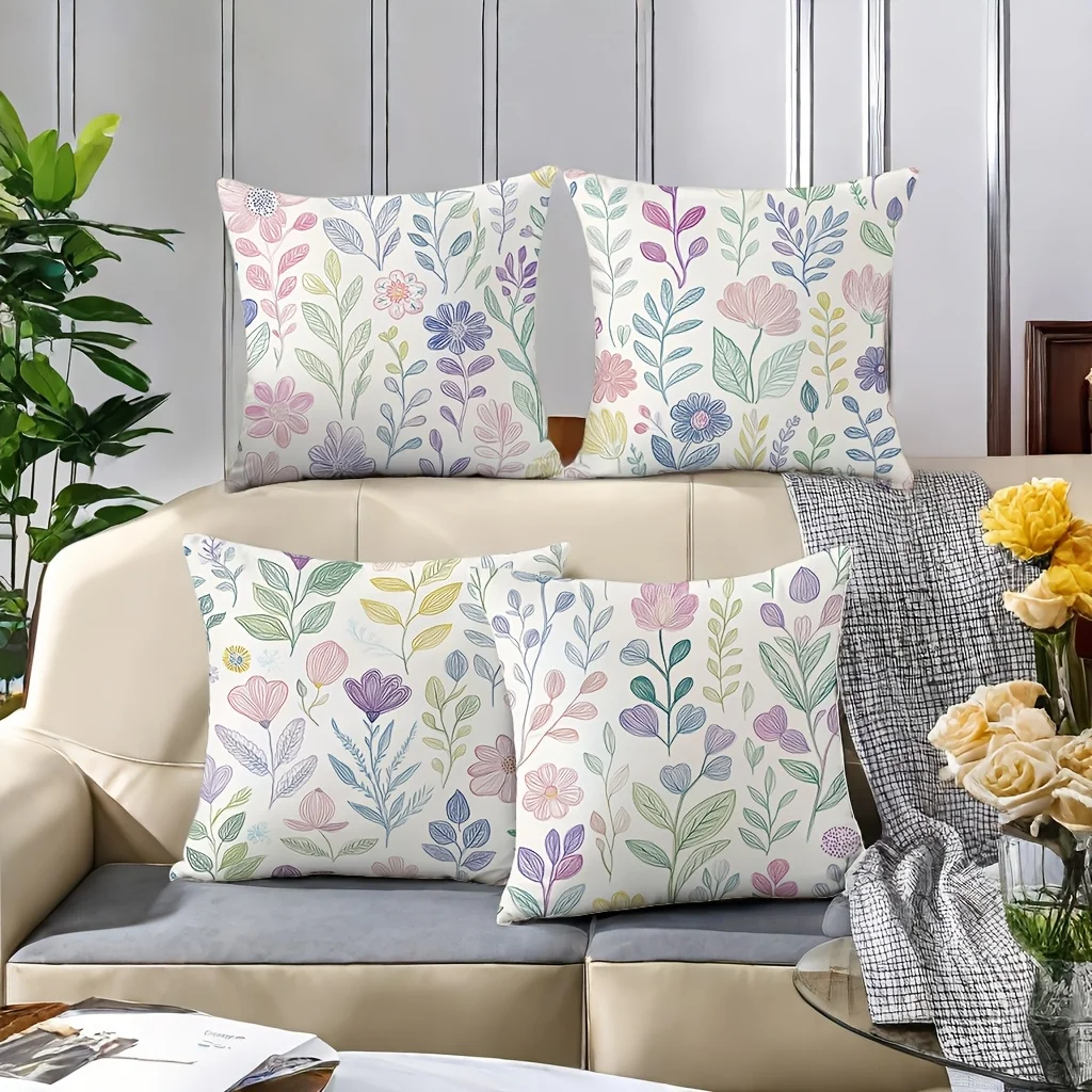 Set of 4 Botanical Floral Cushion Covers Pillow Cases Watercolor Print Set for Home Decor Living Room Bedroom Styling