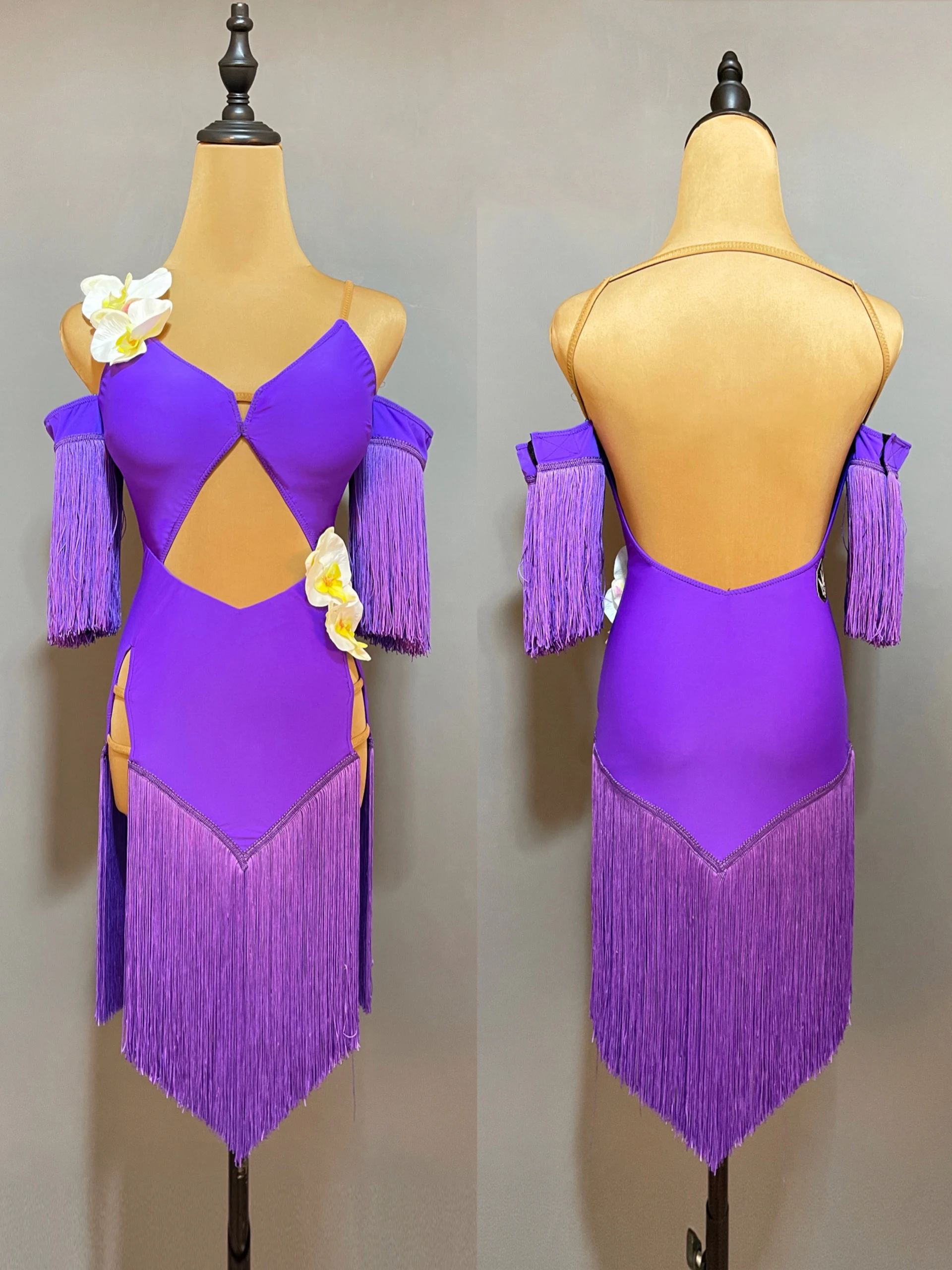 

New Latin Dance Competition Dress Women Tassel Sleeves Sexy Costume Adult Cha Cha Samba Dance Dress Purple Fringe Dress JL5635