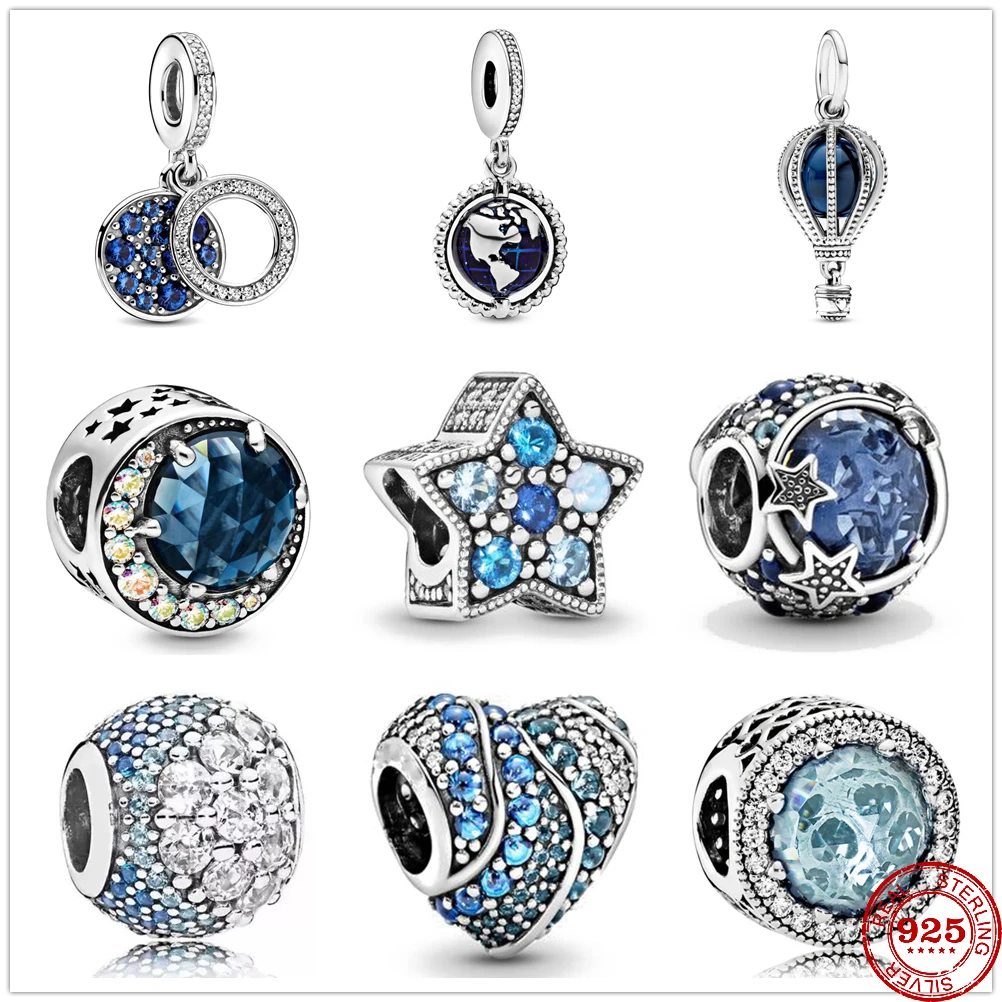 

New Sparkling Blue Disc Double Balloon Dangle Pandora Beads fit Original Pandora Charms Silver 925 Bracelet DIY Women Jewelry