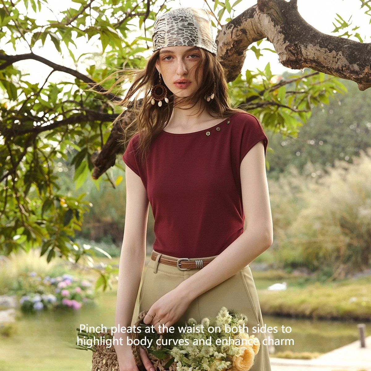 OLrain Casual Short Sleeve Tee Women's 2026 Summer Ruched Waist Crew Neck Button Detail Split Back Hem Slim Knit Top O58XT005650