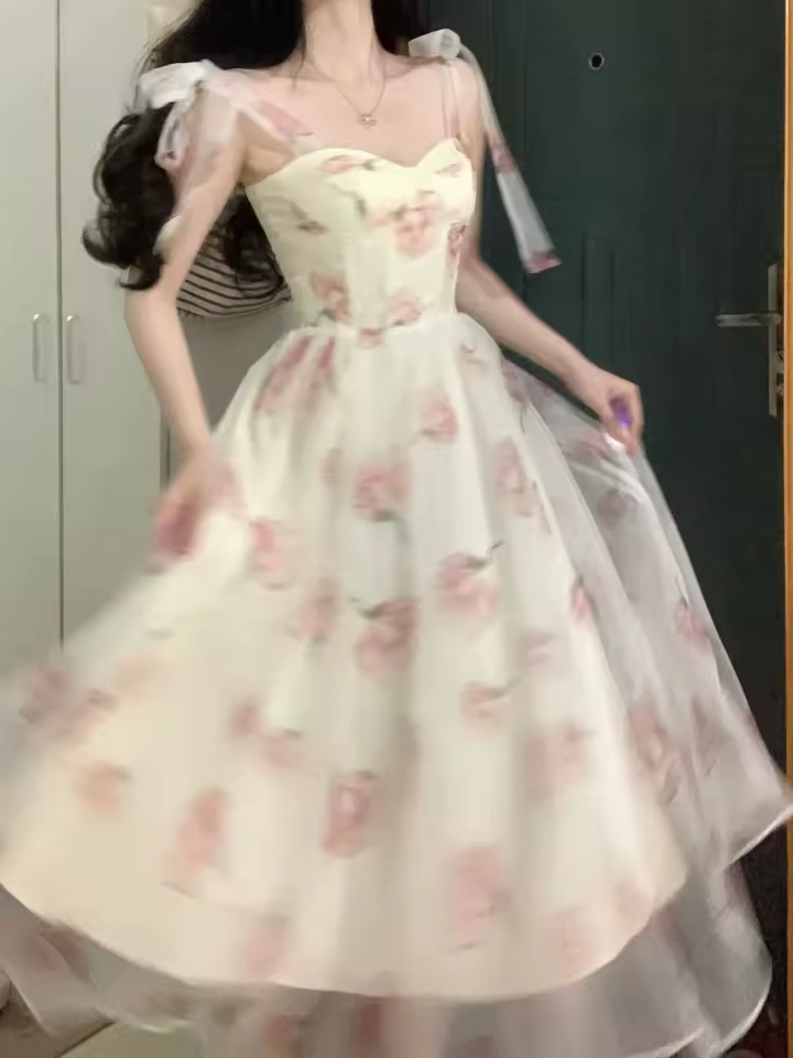 달콤한 우아한 꽃 스트랩 드레스 여성 인과 패션 한국어 긴 요정 드레스 여성 여름 원피스 드레스 세련된 저녁 파티