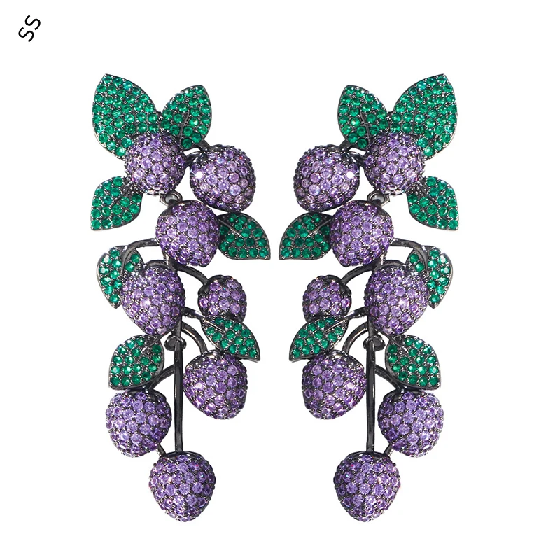 

S925 Silver Needle Light Luxury Dark Green Petal Leaf Earring Micro-inlaid Colored Gemstone Zircon Ear-pin Grapes Design