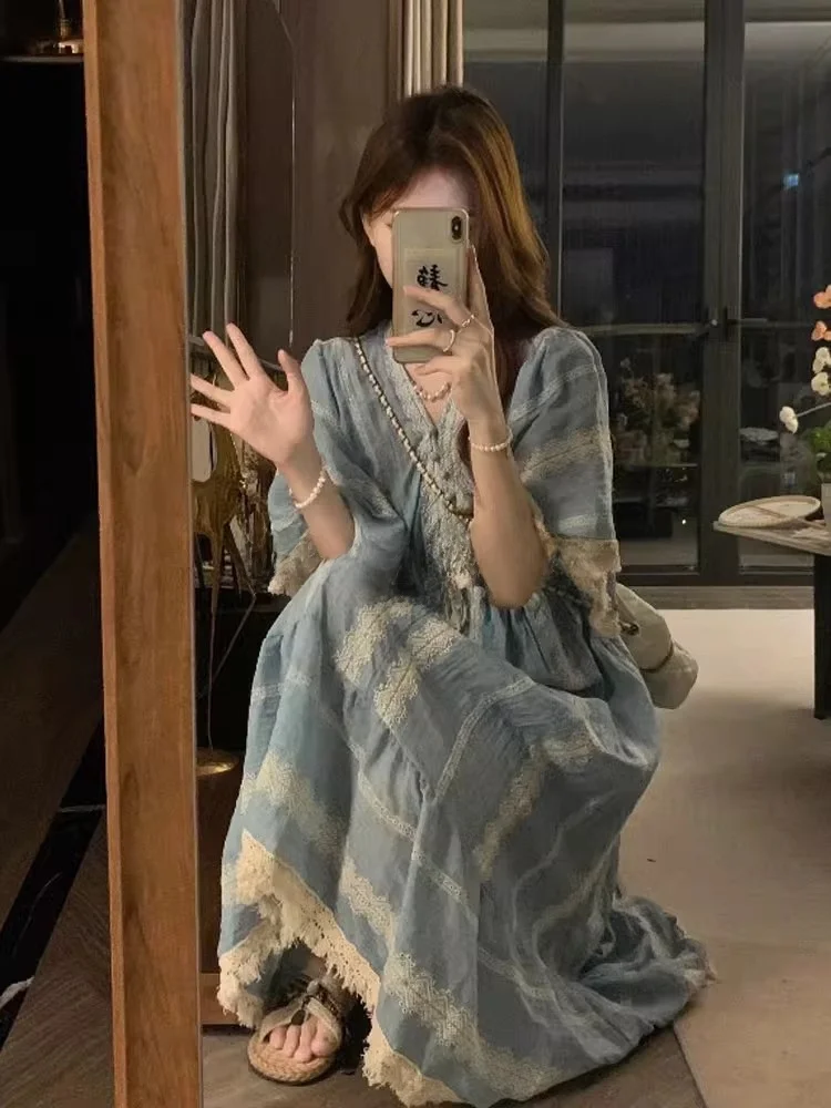 

Богемное этническое платье с вышивкой, повседневное, длинное, женское, летнее, с завышенной талией, А-силуэт, V-образный вырез, короткий рукав, Rouje Kefss