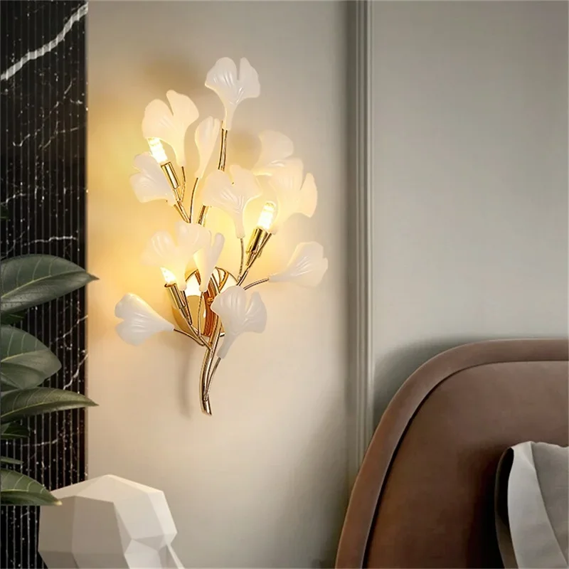 nordic ginkgo led wall lamp folha quarto hotel arandelas modernas arte decoracao ouro cabeceira corredor iluminacao interior g9 01