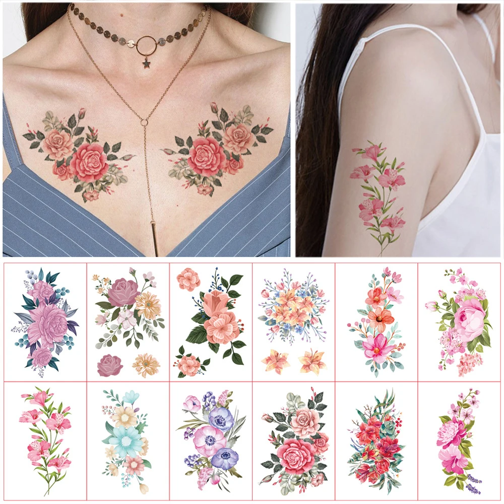 12Sheet Waterproof Temporary Tattoo Sticker Flowers Rose Flash Tattoos Peony Body Art Arm Water Transfer Fake Tatoo Women