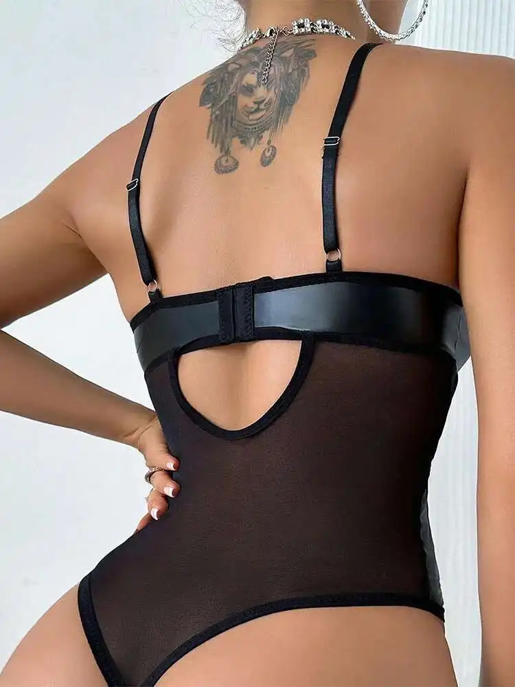 Sexy Solid Color Bodysuits For Women PU Leather Backless Deep V Suspenders Sleeveless Bodysuits Charming Elegant Thin Mesh ANMF