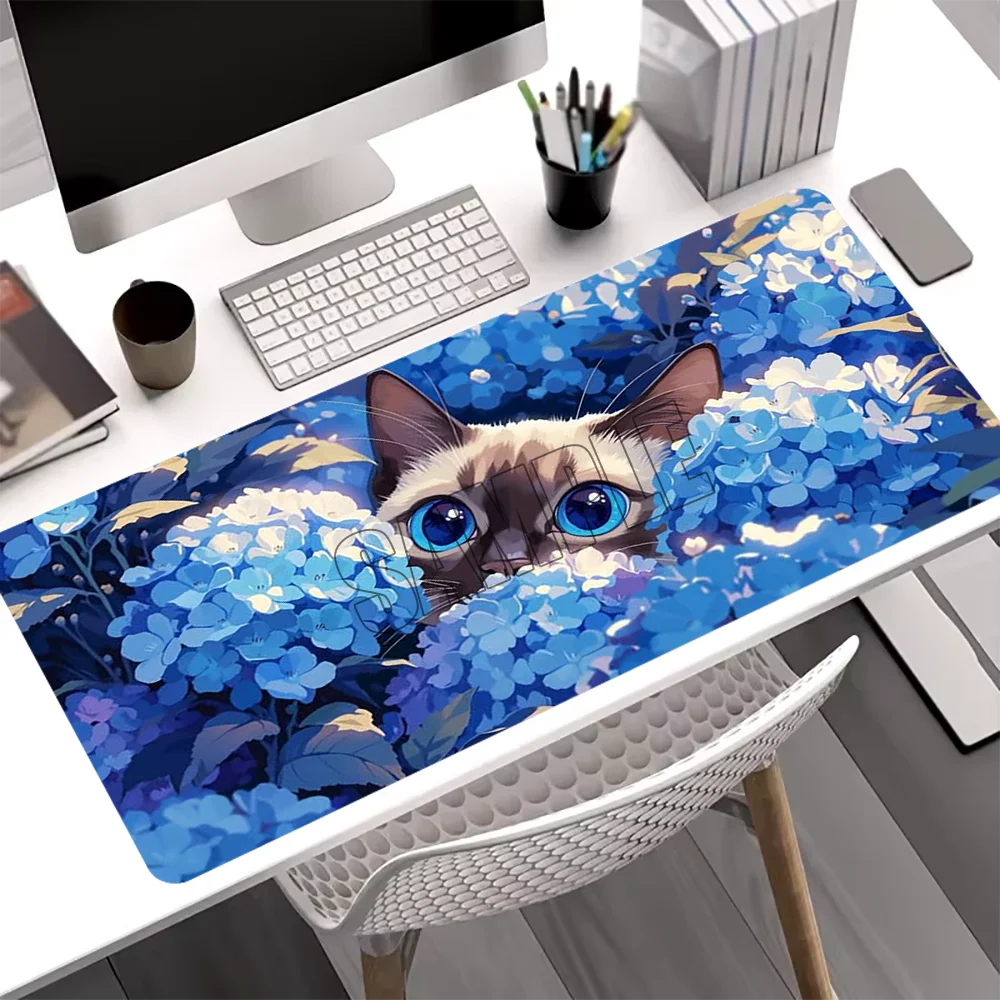 Hydrangea and Cat Cute Mouse Pad Large Cute Non-slip Rubber Base PC Desk Mat Washable Computer Pads for Game & Office Room Decor