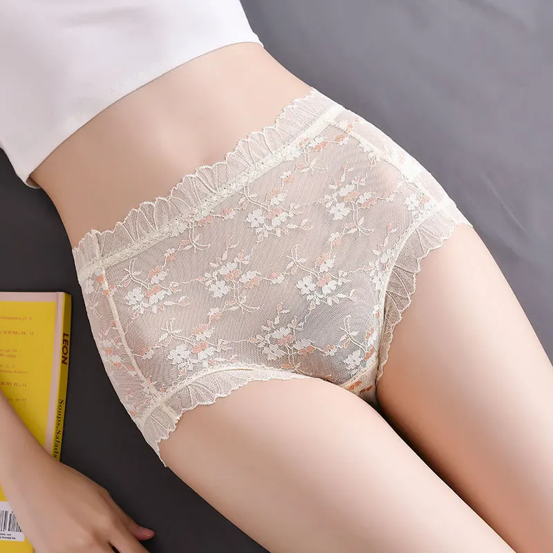 New Women\'s underwear sexy printed high waist transparent hollowed-out lace mesh ropa de mujer plus size Women\'s panties briefs