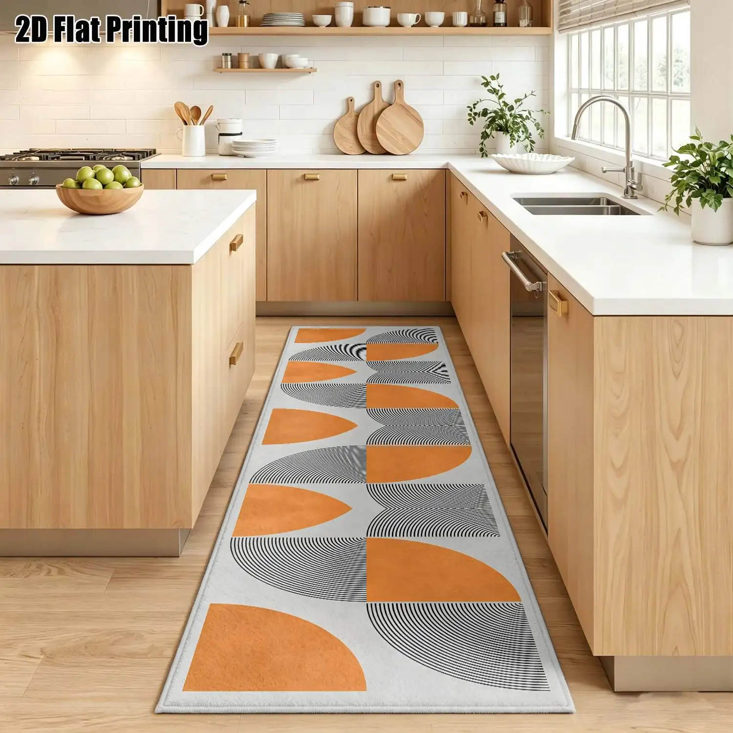 1Pc 2D Printed Long Strip Runner Rug, Orange-Gray Geometric Patchwork, Nordic/Instagram/Modern Minimalist Style, Machine Washable, Multi-Size, Ideal for Entryway, Hallway, Bedroom, Living Room Home Decor