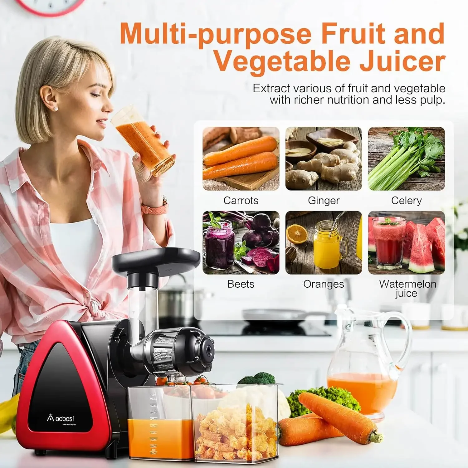 Aobosi Slow Masticating Juicer, Cold Press Juicer Machines with Reverse Function, Quiet Motor, High Juice Yield wit