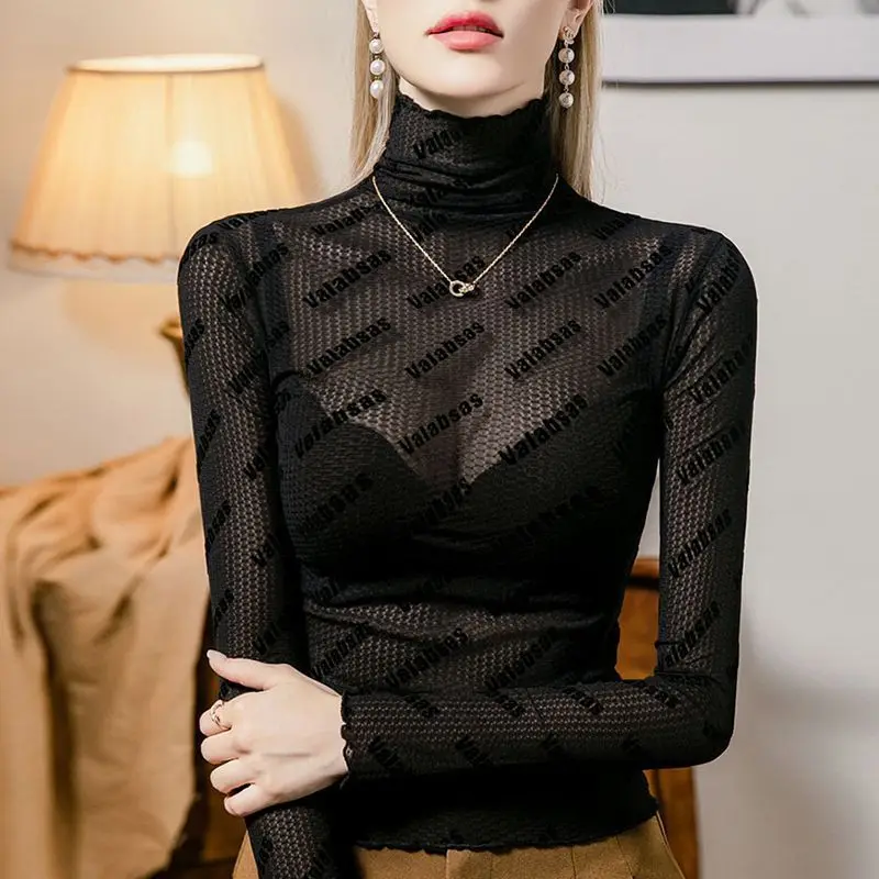 2024 Autumn New Letter High Neck Jacquard Mesh Fashionable Slimming Base Slim Fit Long Sleeved See Through Sexy Top