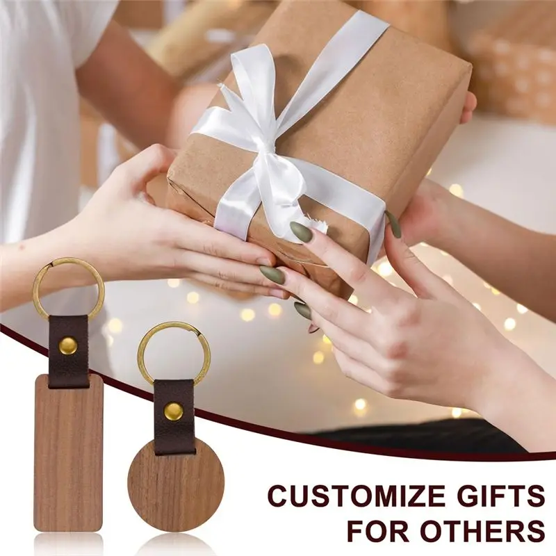 26 Pcs Leather Wood Keychain Blanks, Rectangle And Round Blank Wood Engraving Keychain With Leather Strap,For DIY Eco-Friendly