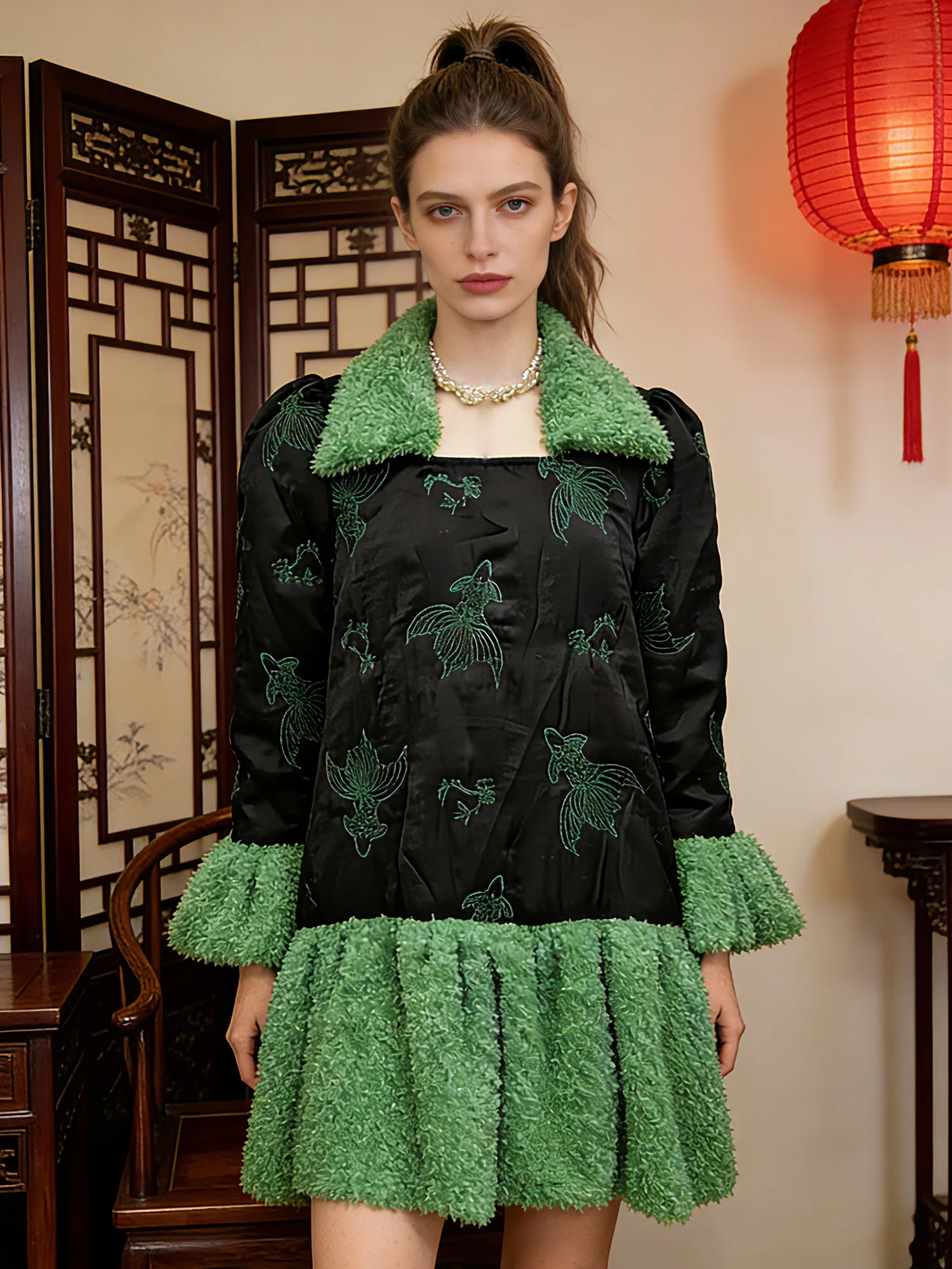 Vestido Holgado de Algodón Verde para Otoño/Invierno, Diseño Original LASS LIZ, Estilo Hanfu, Ropa Exterior de Estilo Chino, Vestido de Manga Larga para Mujer