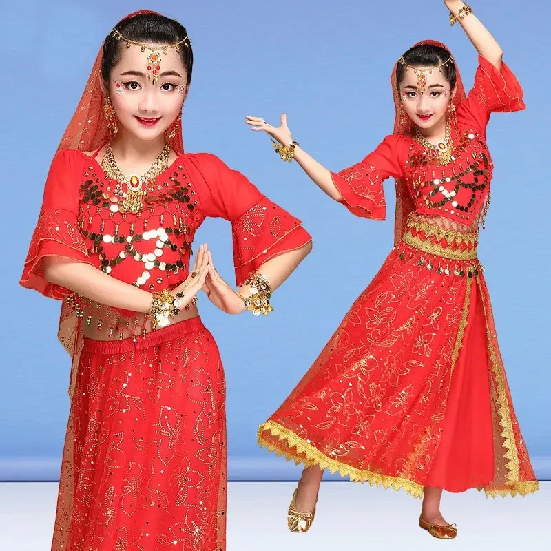 4PCS Girl Belly Dance Costumes for Children Belly Costumes Skirt Set Girls Bollywood Dancing Dress Kid Indian Stage Dance Suit