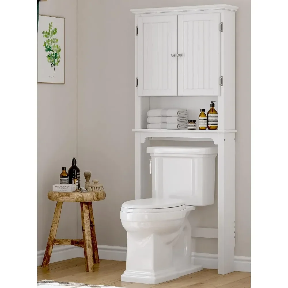 white bathroom over-the-toilet storage cabinet with adjustable shelves and double doors