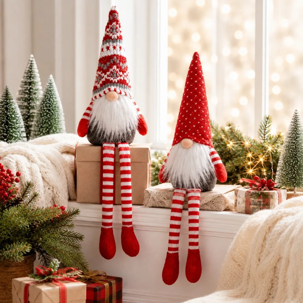 2 pieces of Santa Without a Face figurines, equipped with striped peaked hats and slender legs. The design is unique and exudes