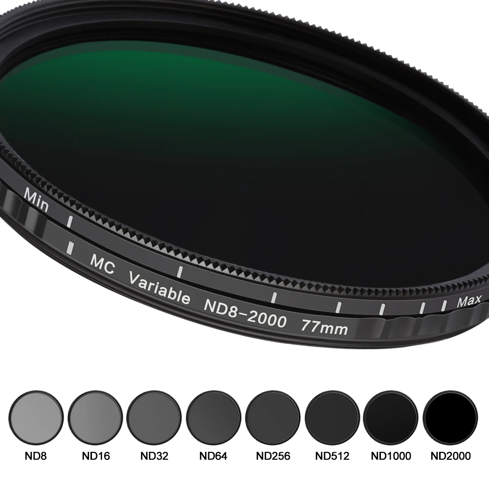 GiAi ND8 ~ ND2000 가변 ND 필터, 나노 코팅, 조정 가능한 중립 밀도 카메라 렌즈, 67, 72, 77, 82, 86mm