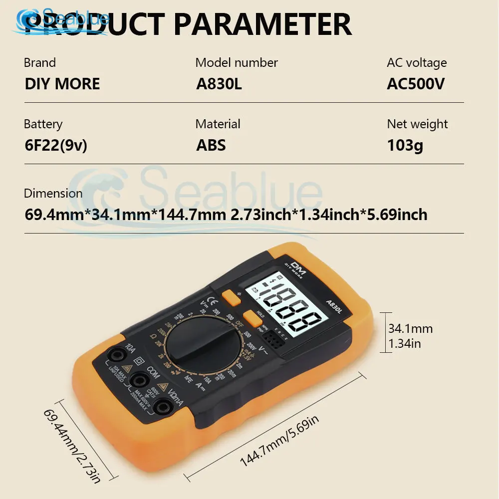 A830L Digital Multimeter LCD Voltmeter Ammeter DC AC Current Voltage Tester Machine Volt Amp Meter with Buzzer Function