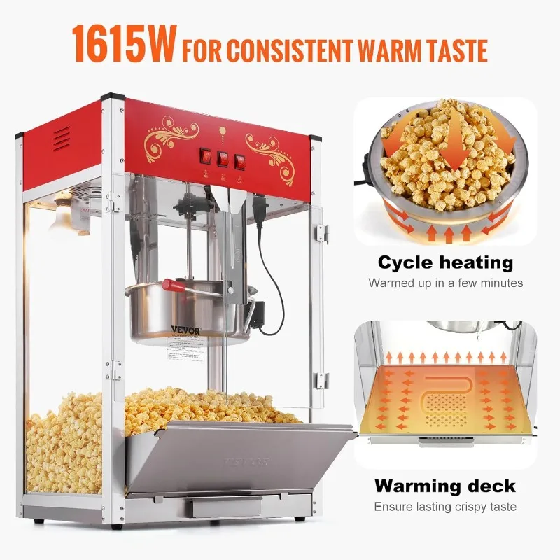 VEVOR Máquina para hacer palomitas de maíz, máquina para hacer palomitas de maíz de 1615 W, tetera de 16 Oz, máquina para hacer palomitas de maíz de gran capacidad con vidrio templado