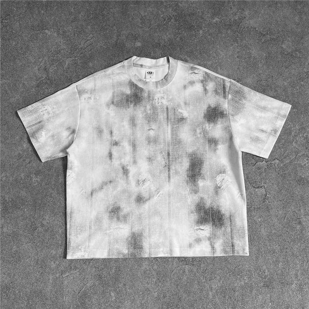 Vintage Distressed Shadow Print T-Shirt Cotton Tie-Dye Graffiti Design Tee Retro Streetwear