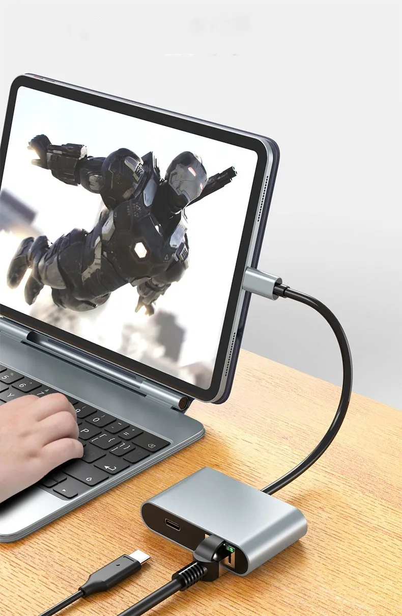 Adaptador de rede 4 em 1 USB C para Ethernet Hub 1000 Mpbs RJ45 Gigabit Ethernet LAN Converter para Mac/Windows/OS/Linux e mais