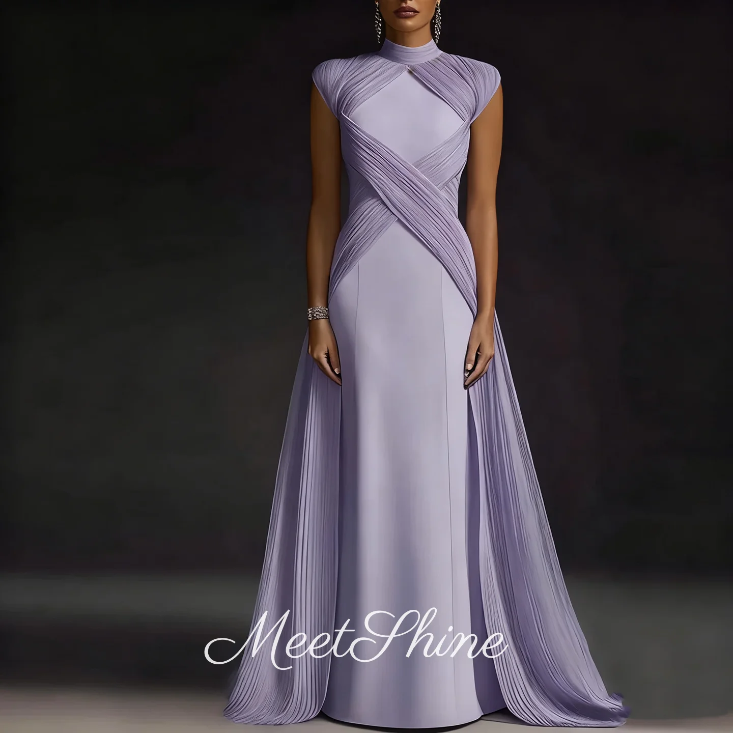

Современные сиреневые атласные длинные прямые вечерние платья с высоким воротом, роскошные плиссированные свадебные платья с накидкой и рукавами, платья для выпускного вечера по индивидуальному заказу