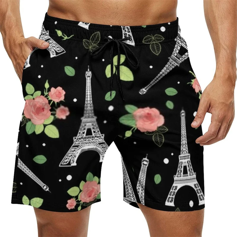 2024 Novelty Paris Eiffel Tower 3D Print Sport Shorts Mens Designer Clothes Women Pretty Hawaii Swim Trunks Harajuku Ice Shorts