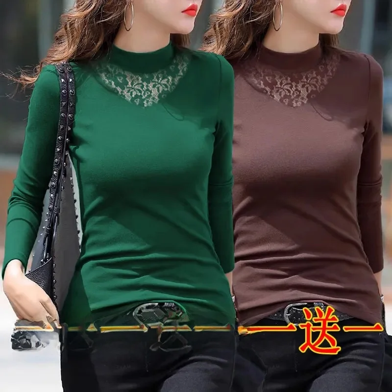 

Warm Thermal Long Sve Lace Collar T-irt Women's Autumn Winter New Sle Faionable Base irt Lieoyuarn Cotton Blend