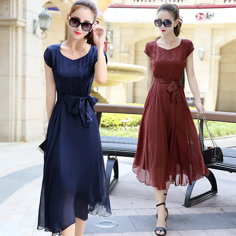 68096 round neck temperament Wild Fashion Silk Dress