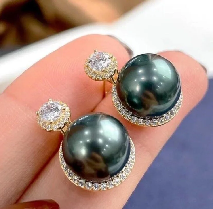 AAAAA 10-11mm South China Sea Authentic Black Round Pearl Earrings 925S