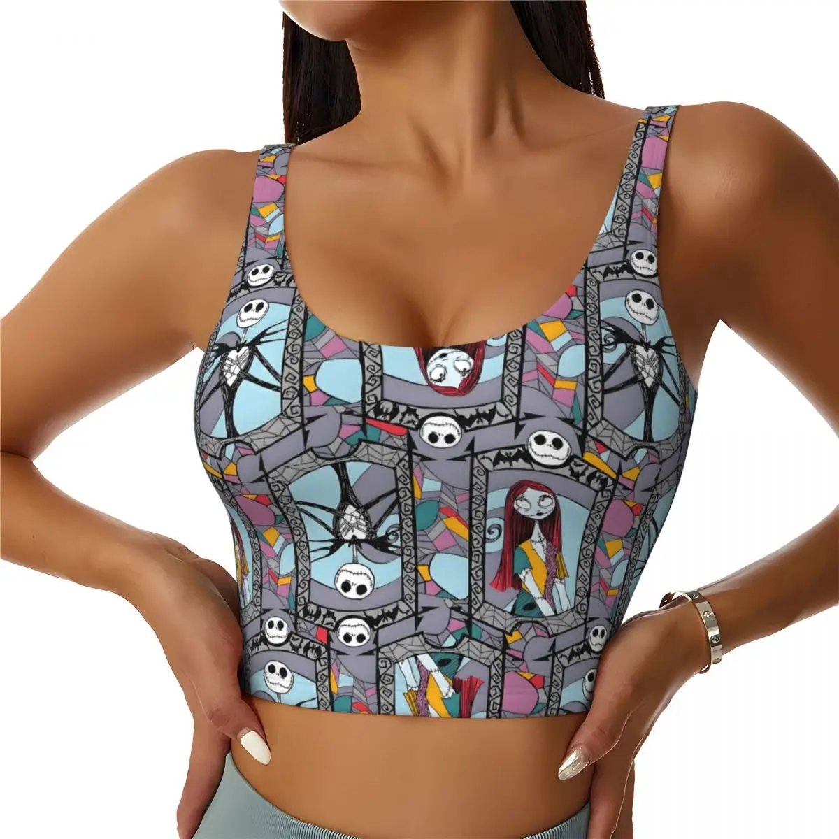 

Custom Nightmare Before Christmas Comic Manga High Impact Sports Bras Women's Seamless Workout Yoga Crop Tank Tops