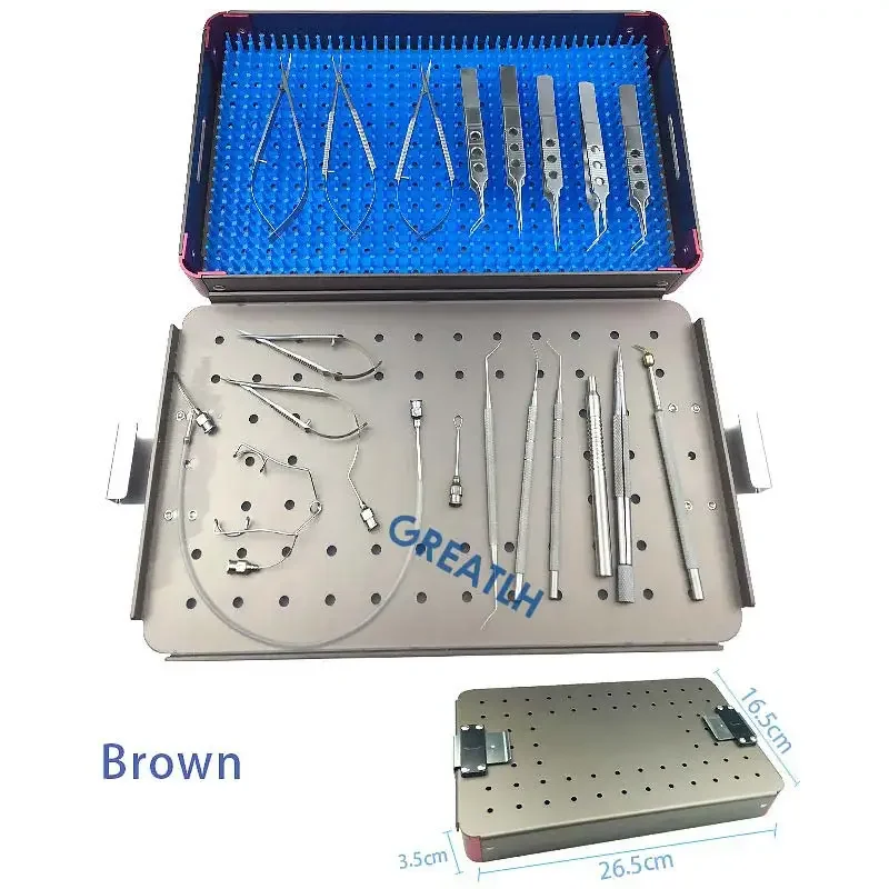 21pcs/Set Ophthalmic Cataract Eye Eye Micro Surgery with Sterilization Tray Box Case Corneal Scissors Irrigation Cannula