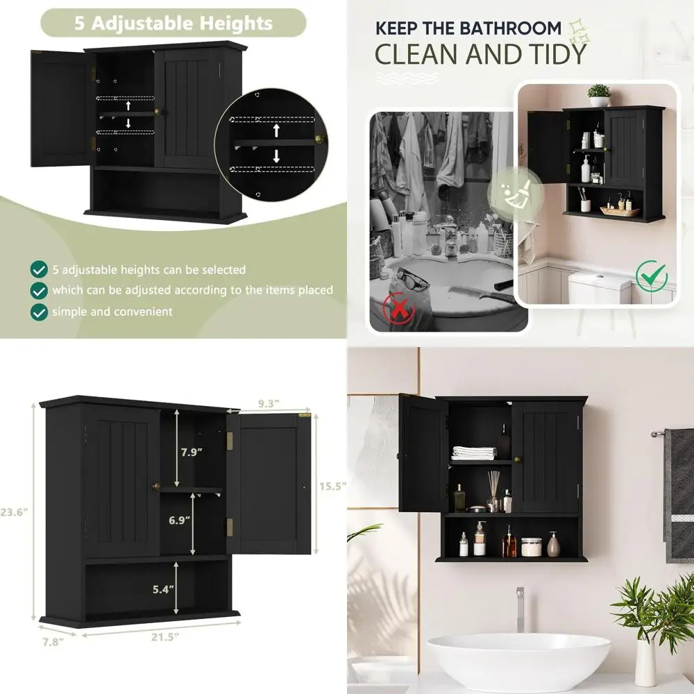 

Black Wall Cabinet, Small, 2-Door Medicine Cabinet with Adjustable Shelves, Over Toilet, For Kitchen and Laundry Rooms