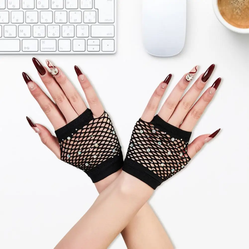 1 Pair Women Gloves Hollow Out Fishnet Thin Rhinestone Decor High Elasticity Fingerless See-through Cosplay Festivals Gloves