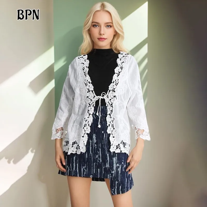 BPN Elegant Patchwork Lace Shirts For Women V Neck Long Sleeve Soild Casual Loose Temperament Blouses Female Fashion Clothes New