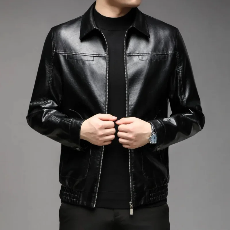 2023 Autumn Middle-Aged Fashion Business Lapel Coat Men Casual All-match Large Size Outwear Oil Wax Leather Jacket