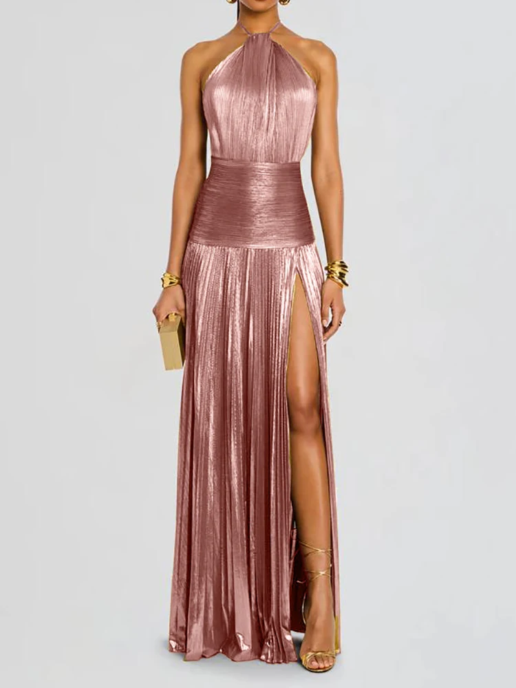 Robes longues élégantes pour femmes fête femme Vintage solide laçage robe Maxi printemps été sans manches Sexy licou robe de soirée
