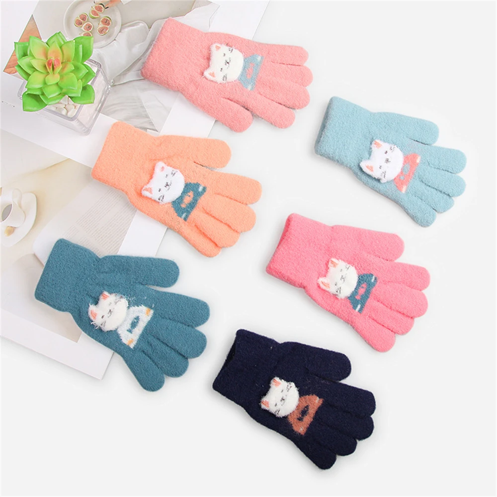 7-12-year-old children's new winter knitting wool warm cute cartoon kitten sticky flower finger cold gloves ST-6045