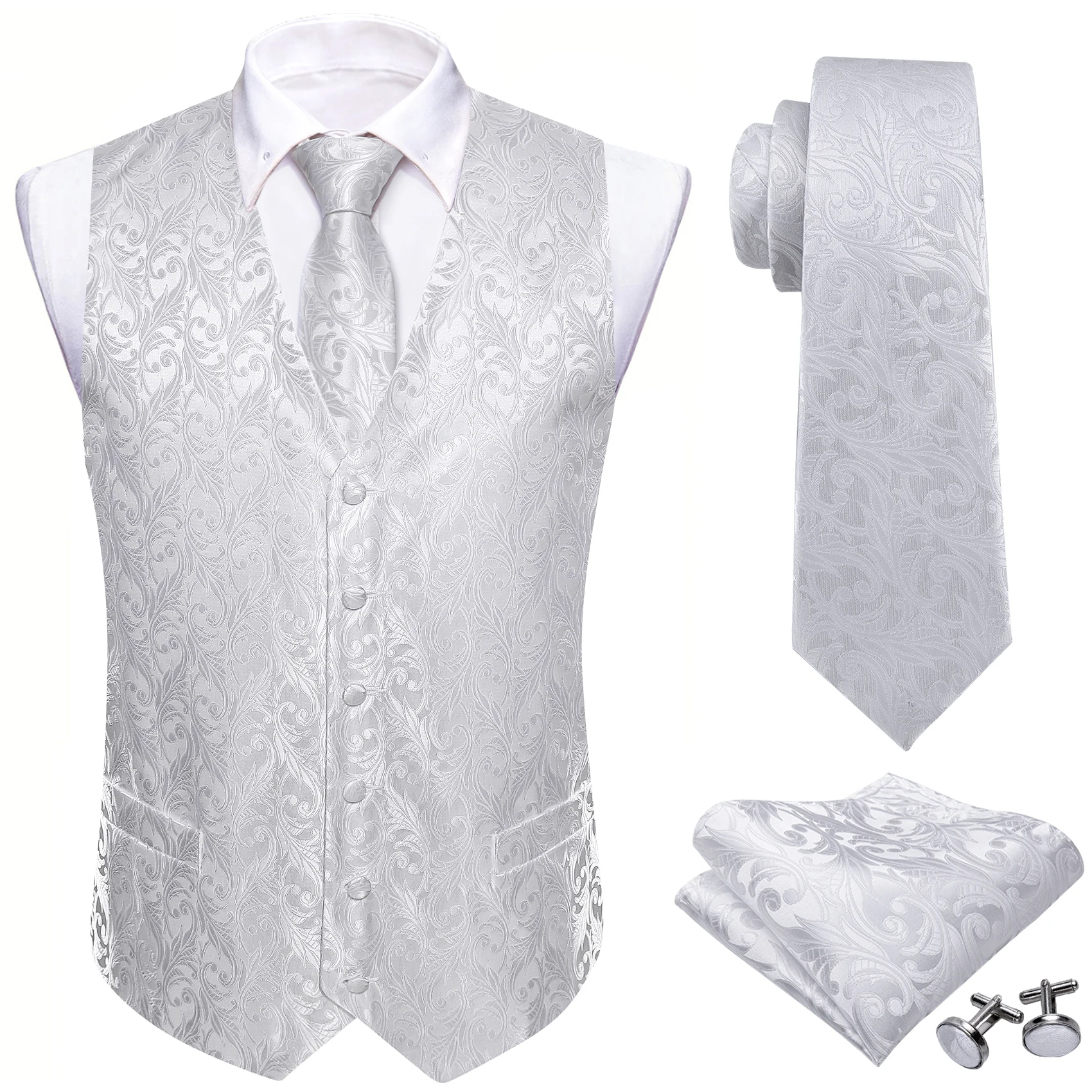 White Scroll Pattern V-Neck Waistcoat 4-In-1 Kit Tie Square Cufflinks For Bridal Shower Outdoor Wedding