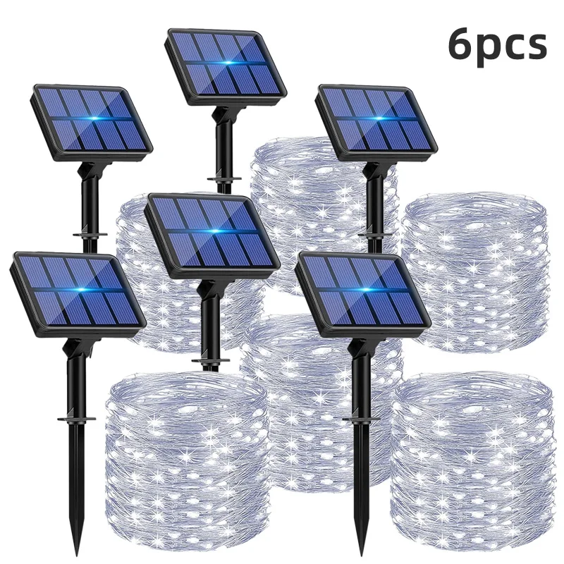 IRILUCN 6pcs Solar string lights Outdoor waterproof solar powered copper wire 8 mode fairy lights Wedding party Christmas tree