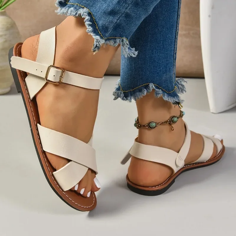 2026 Neue Leder-Römersandalen für Damen, Sommer, Weiche Sohle, Lässige Flache Sandalen in Braun, Bequeme Damenschuhe – Detail 4