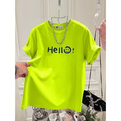 Women Clothing Hong Kong Winds Chic Letter Print T-shirts Summer Fashion Pure Cotton Basic Short Sleeve Top Tee Loose Pullovers
