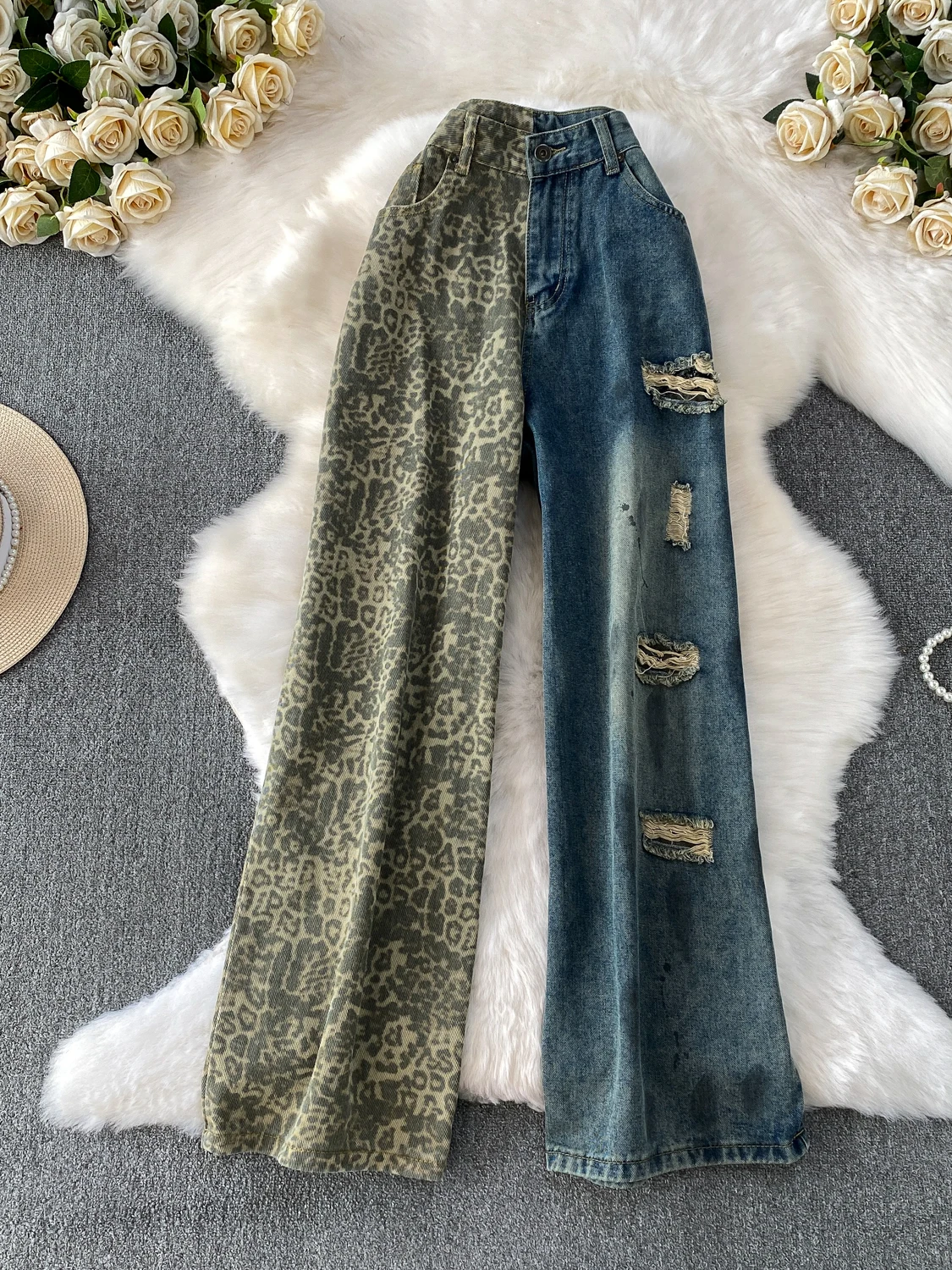 Faionable Leopard Print Patchwork Distred Denim Wide Leg Pants Women Winter Hot Girl High Waist Slim Straight Long Trousers